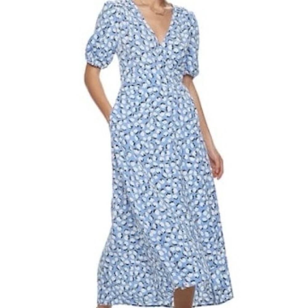PopSugar Sz S light blue wrap cotton print maxi dress with pockets